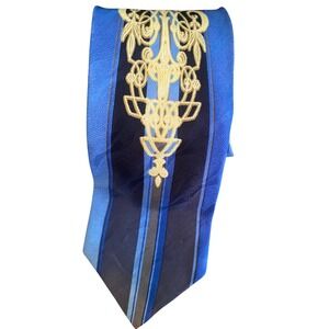 Enrico Capucci Blue Striped Silk Tie Gold Baroque Chandelier Emblem Hand Made